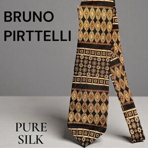 Bruno Piattelli Pure Silk Tie Black Gold Geometric Pattern Classic Necktie